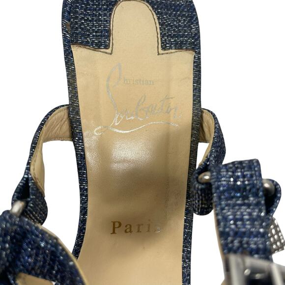 Christian Louboutin Lame Lux Pyraclou 110 Denim Wedge Sandal Blue Size 41 - Picture 8 of 12